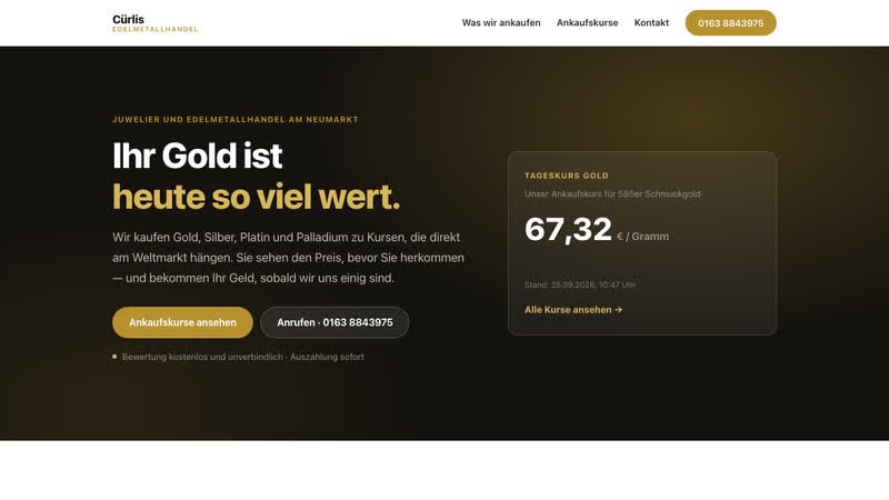 The Edelmetallhandel Cürlis website showing the current gold price